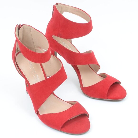Christian Siriano Women's 9 Open Toe Heels Sandals Red Suede Coquette Stiletto - Picture 3 of 8